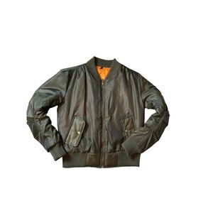 Vintage Olive Green Bomber Jacket With Orange Lining & Zip Closure - Size S